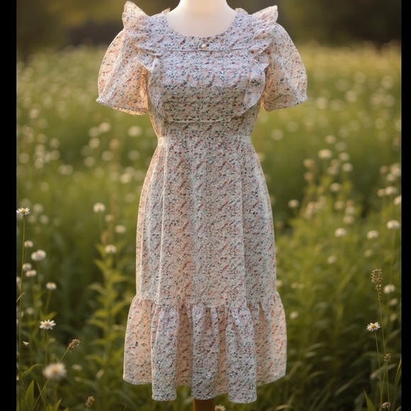 Calivta Floral Feminine Ruffle Midi Dress with waist tie - Picture 5 of 5